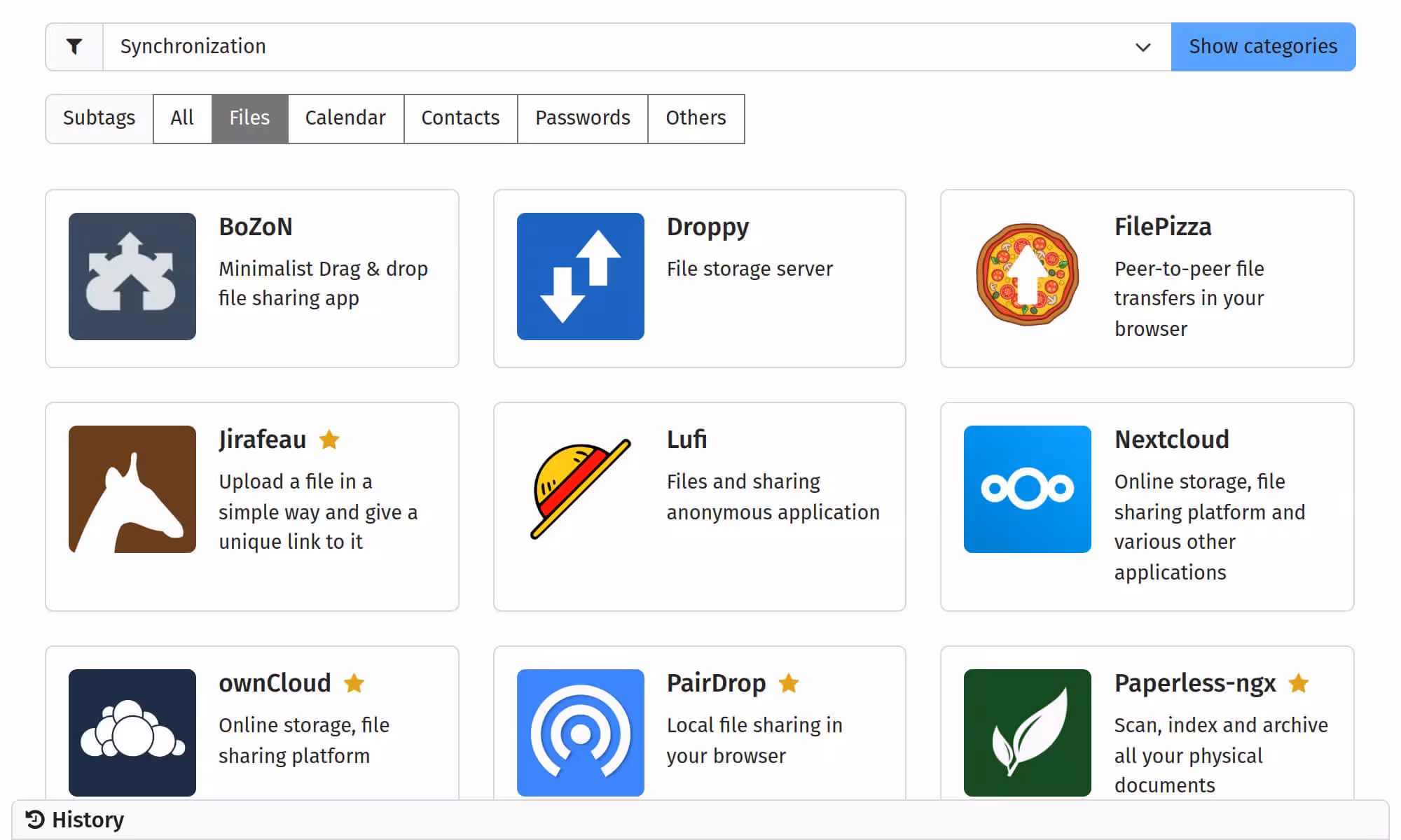 Screenshot of the web administration panel displaying the app catalog for the 