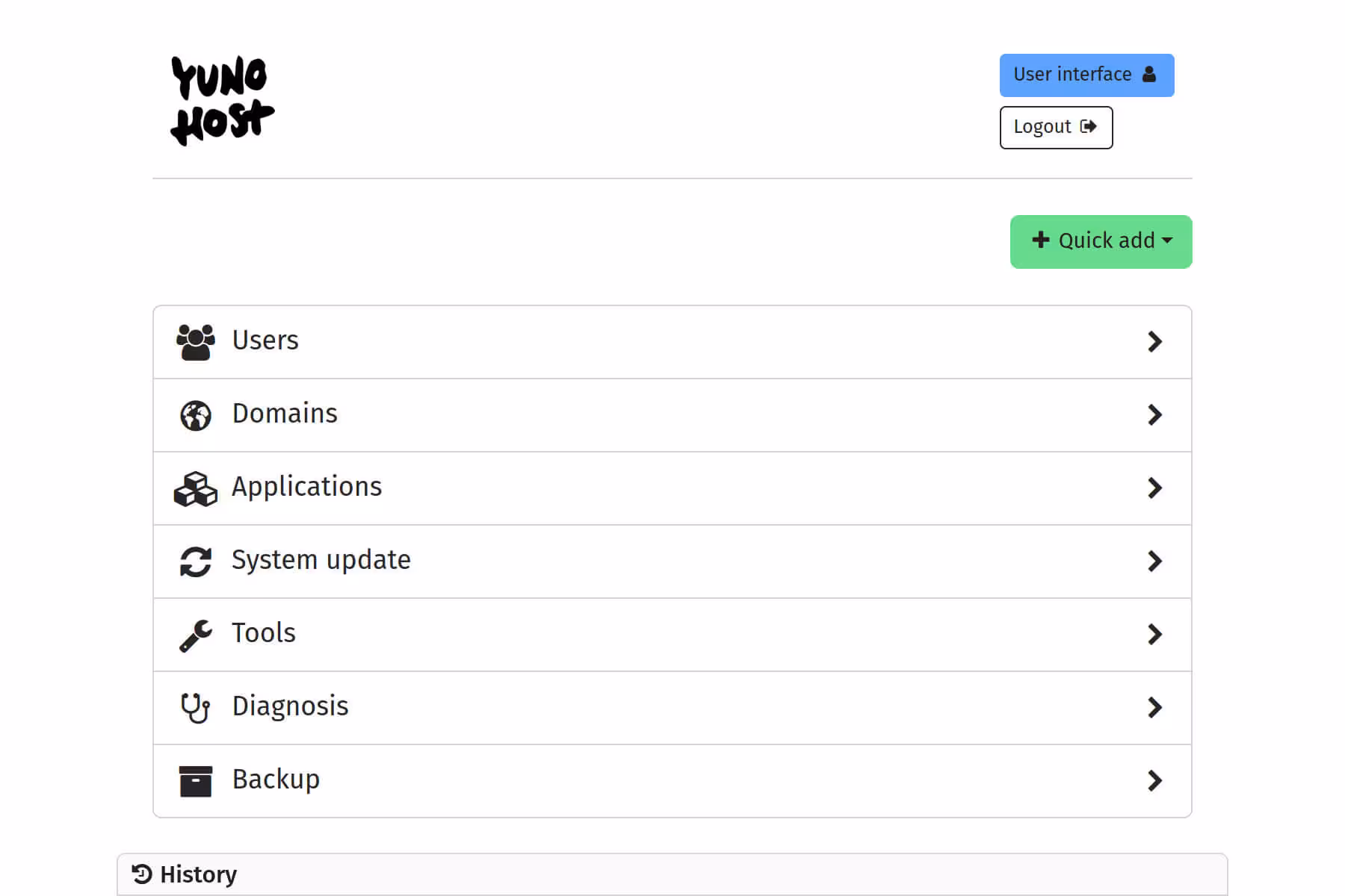 Screenshot of the web administration panel displaying the following categories: users, domains, apps, upgrade, services, tools and backup